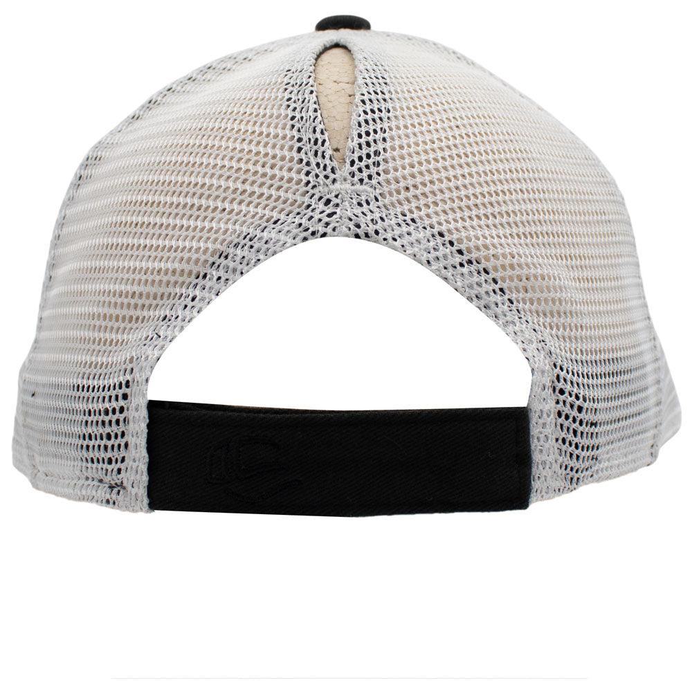 Rear view of a white mesh trucker hat with a black adjustable strap and ponytail slit.