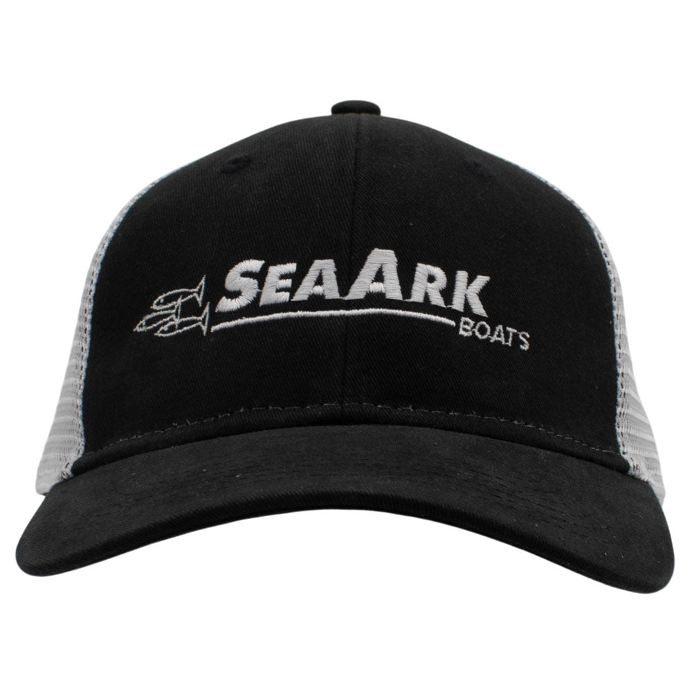 A faded trucker hat with 'SEAARK BOATS' embroidered on the front, featuring a black fabric front panel and a white mesh back.