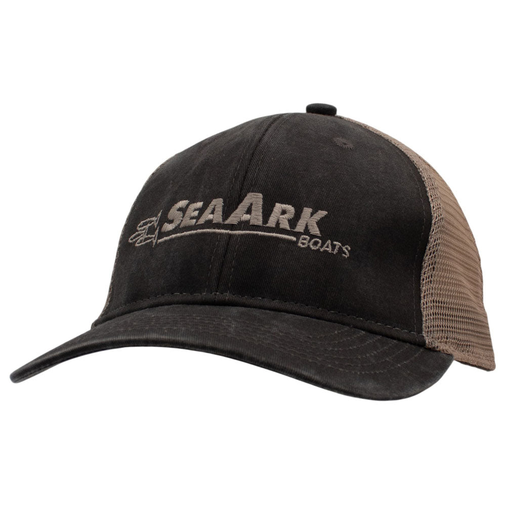 A dark grey and beige trucker hat with 'SEAARK BOATS' embroidered on the front in beige.