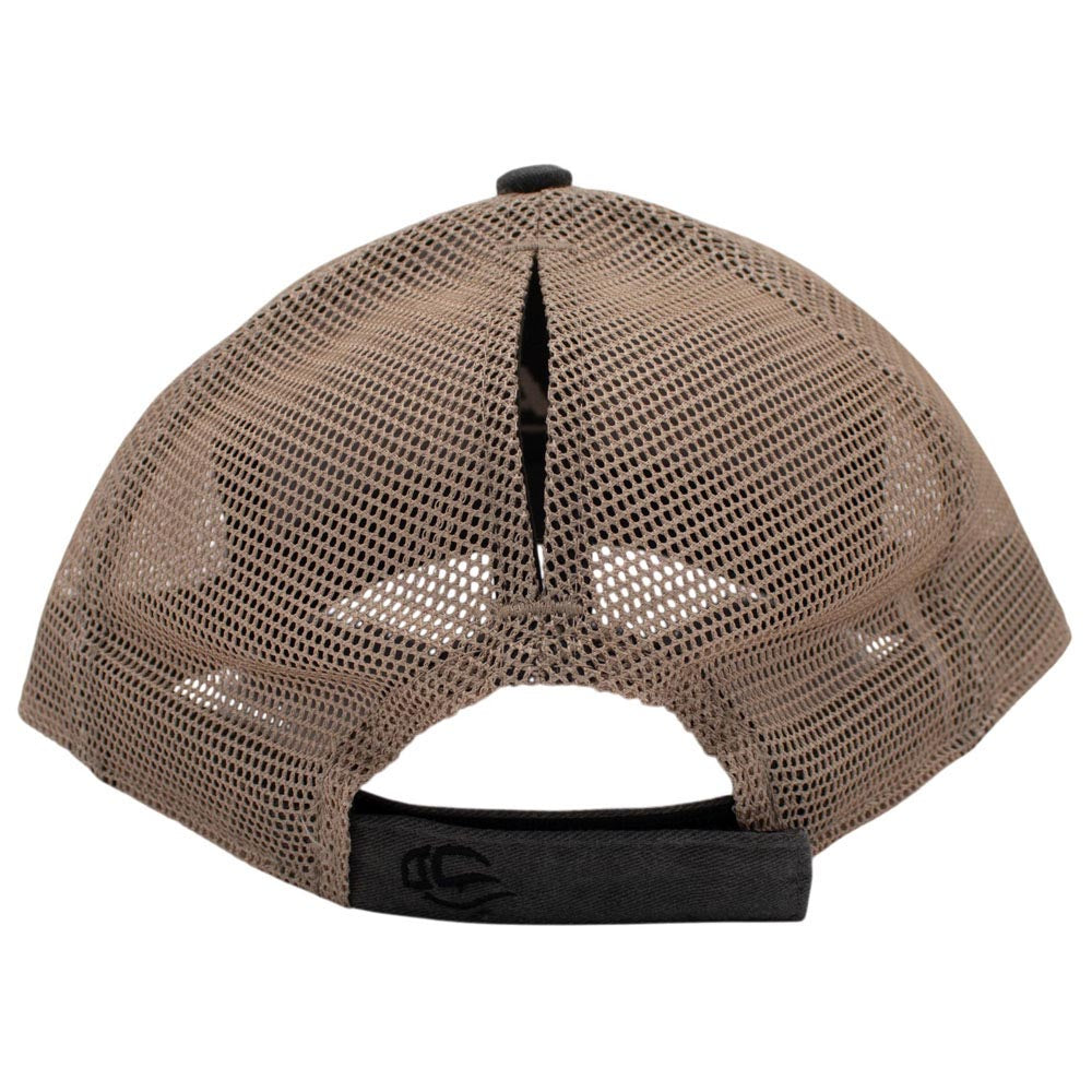 Rear view of a tan mesh trucker hat with a black adjustable strap and ponytail slit.