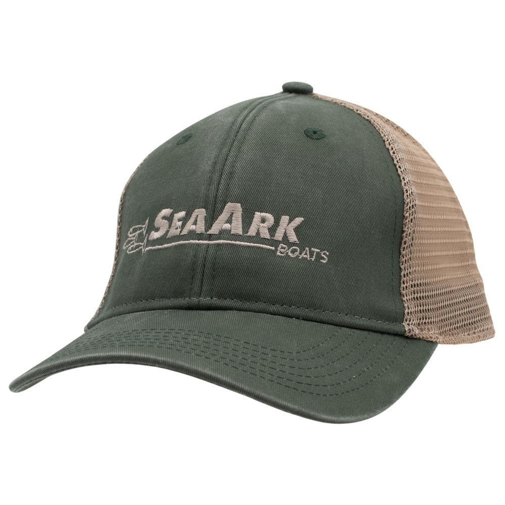 A neutral green and beige trucker hat with 'SEAARK BOATS' embroidered on the front in beige.