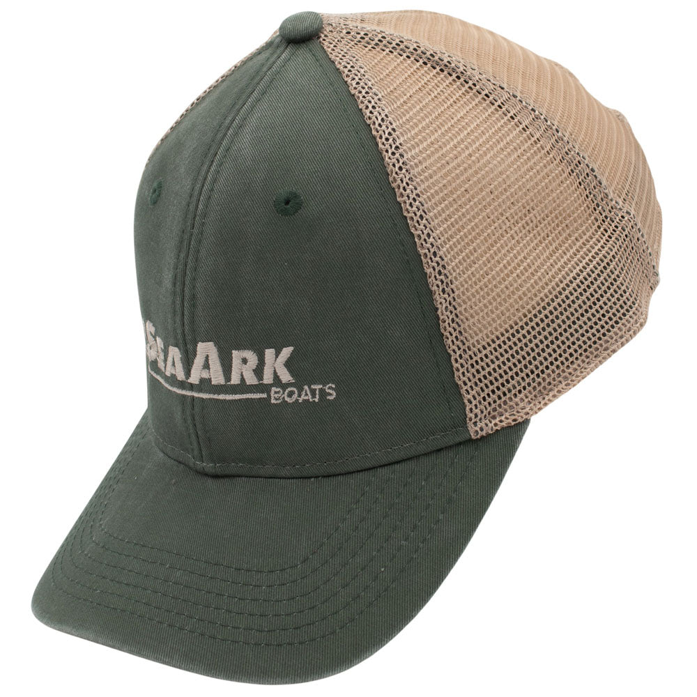 Side of a trucker-style baseball cap with a greenish-grey front panel and brim, tan mesh back panels, and a small embroidered logo on the front.