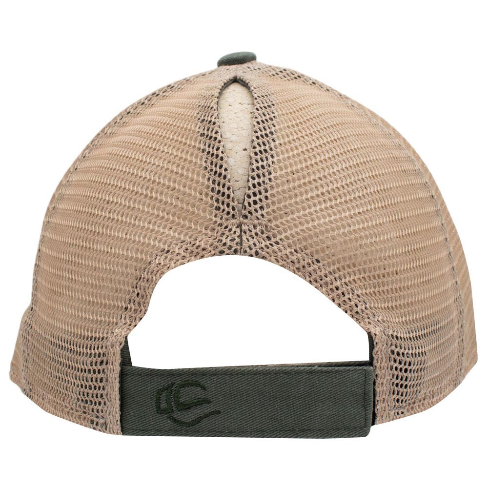Rear view of a tan mesh trucker hat with a green adjustable strap and ponytail slit.