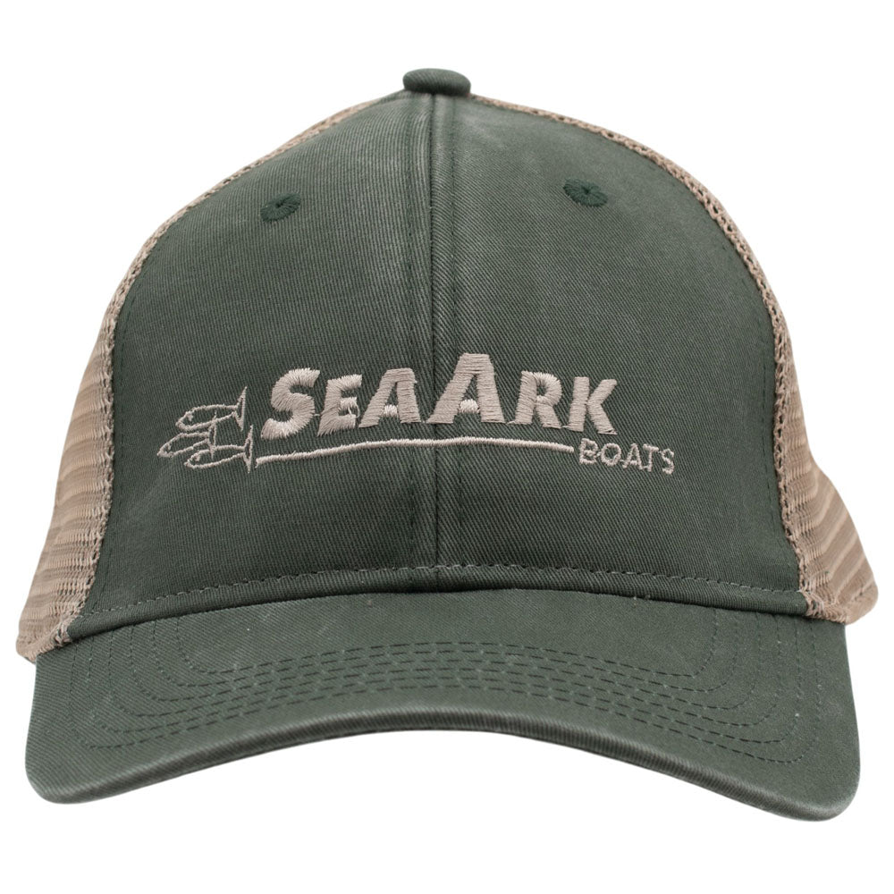 A faded trucker hat with 'SEAARK BOATS' embroidered on the front, featuring a greenish-grey fabric front panel and a tan mesh back.