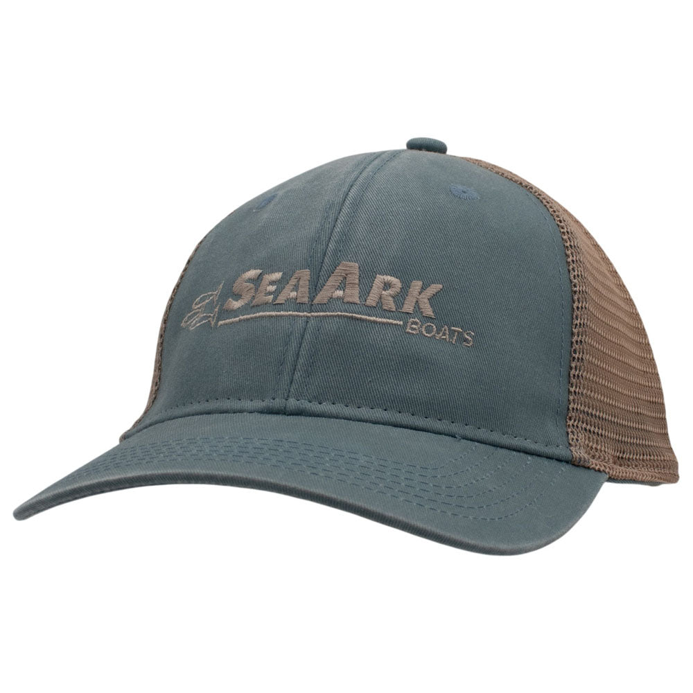 A slate blue and beige trucker hat with 'SEAARK BOATS' embroidered on the front in beige.