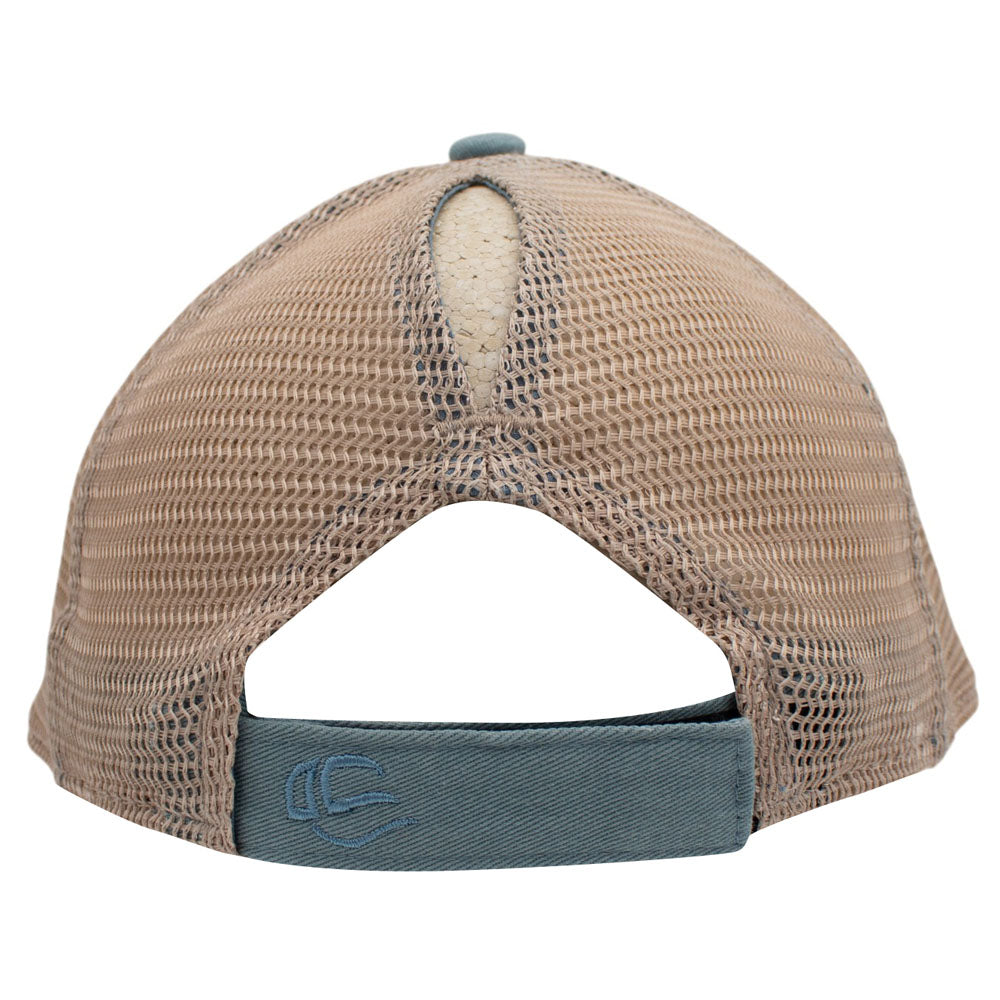 Rear view of a tan mesh trucker hat with a blue adjustable strap and ponytail slit.