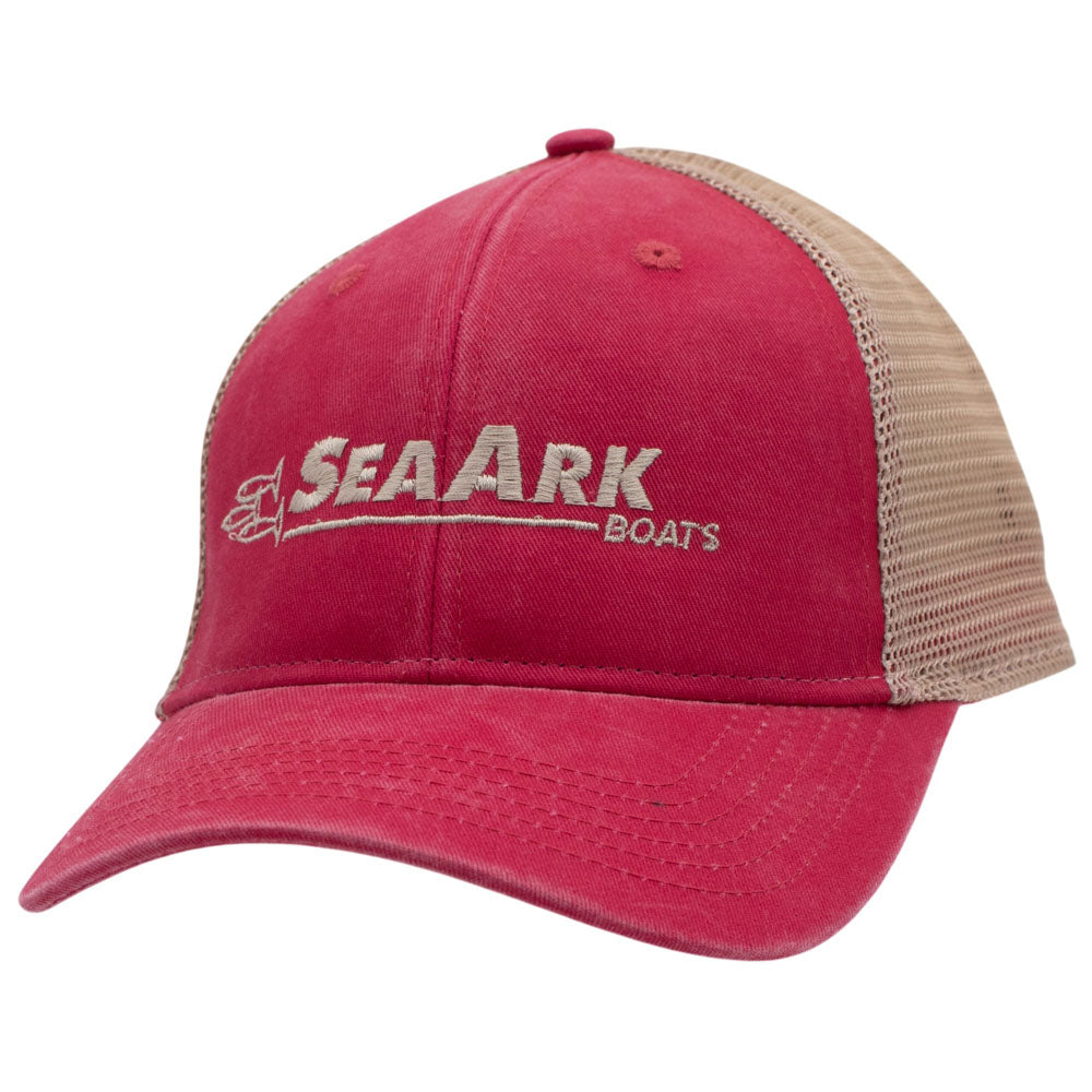 A bright red and beige trucker hat with 'SEAARK BOATS' embroidered on the front in beige.
