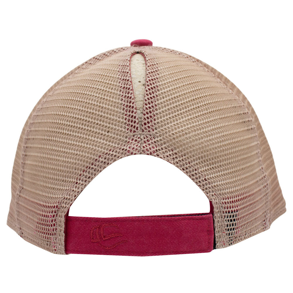 Rear view of a tan mesh trucker hat with a reddish-pink adjustable strap and ponytail slit.