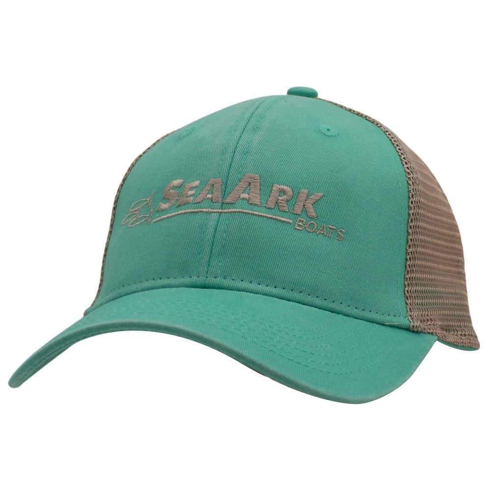 A teal and beige trucker hat with 'SEAARK BOATS' embroidered on the front in beige.