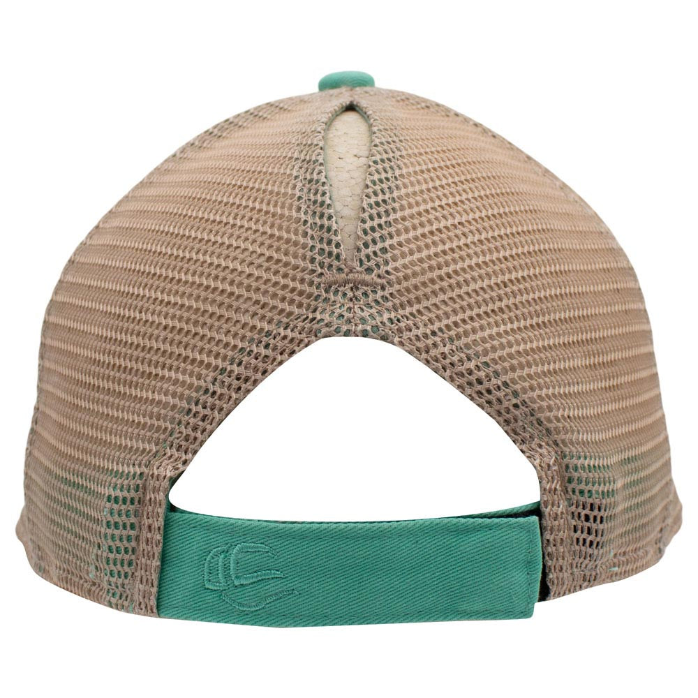 Rear view of a tan mesh trucker hat with a teal adjustable strap and ponytail slit.