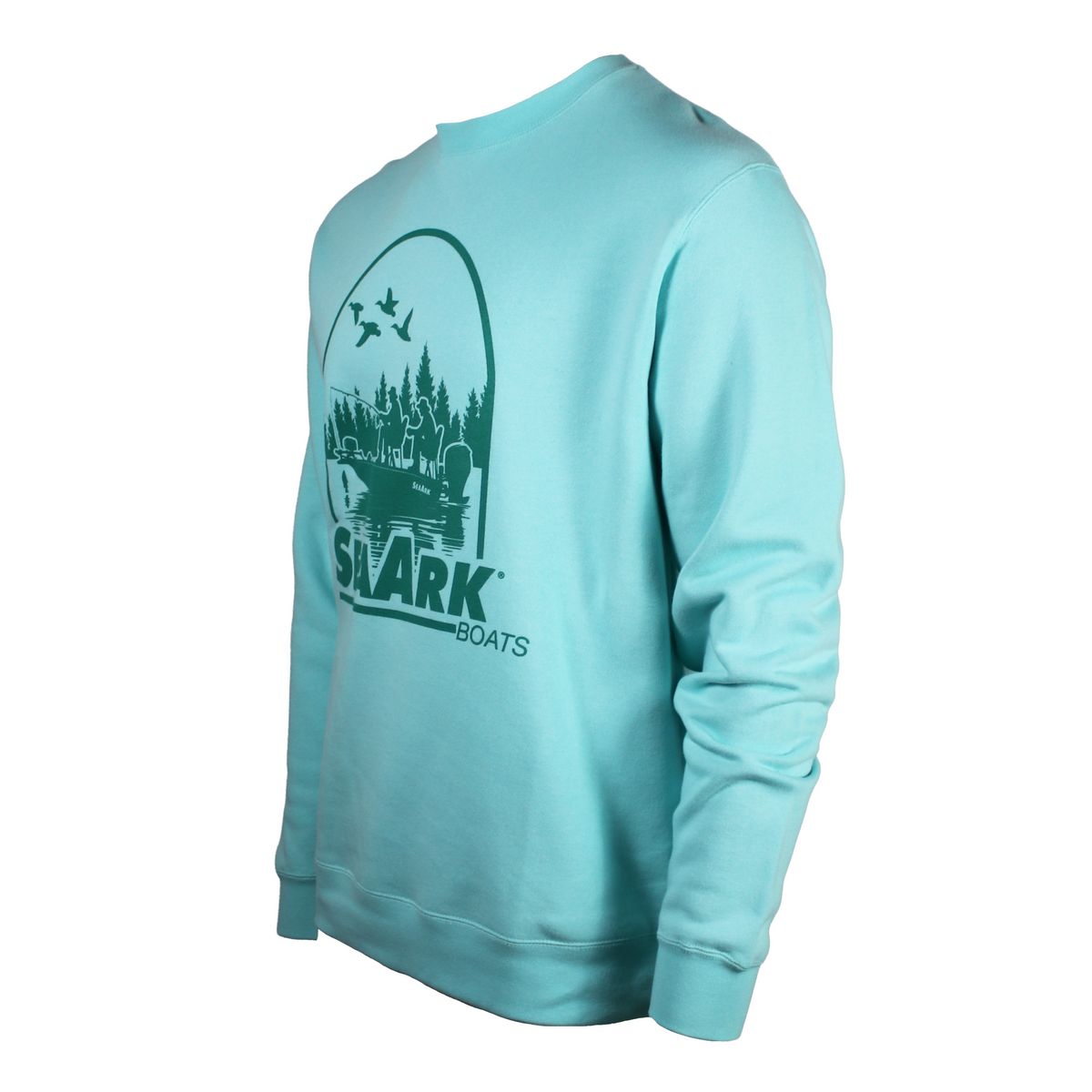 Side of a teal crewneck sweatshirt with a dark green graphic on the front.
