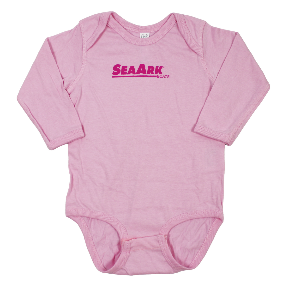 A pink long-sleeve baby bodysuit with 'SEAARK BOATS' printed in dark pink across the chest, displayed flat against a white background.