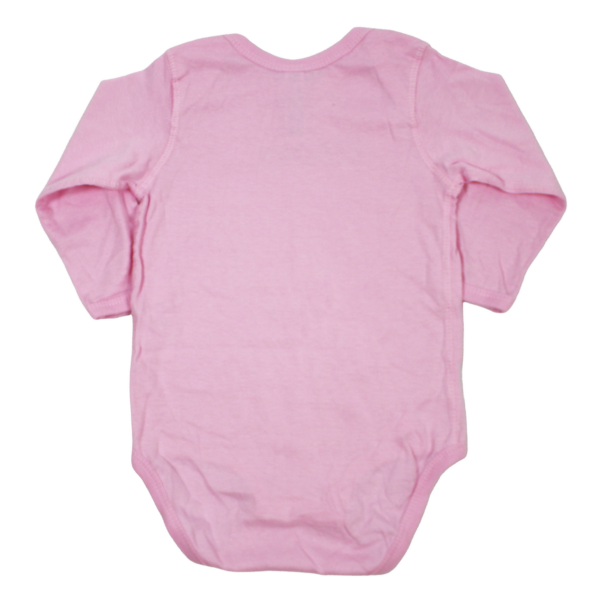 A light pink long-sleeve baby bodysuit shown from the back, laid flat against a solid white background.