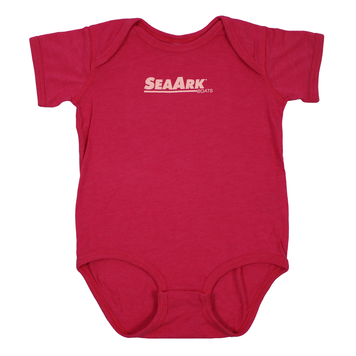 A short-sleeve baby bodysuit in a reddish-pink color, with 'SeaArk Boats' printed in white across the chest.