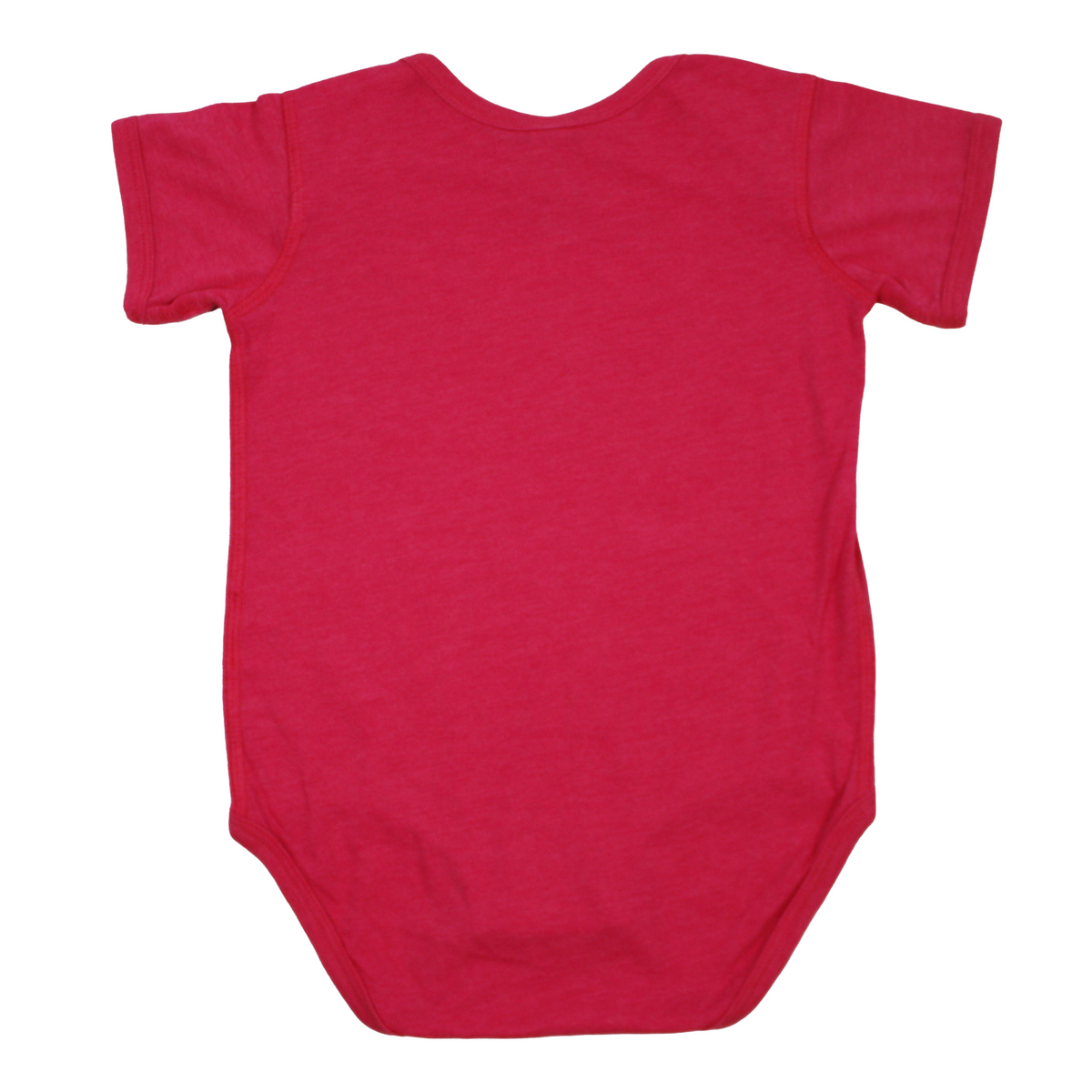 Back of a bright red short-sleeve baby bodysuit shown flat against a solid white background.
