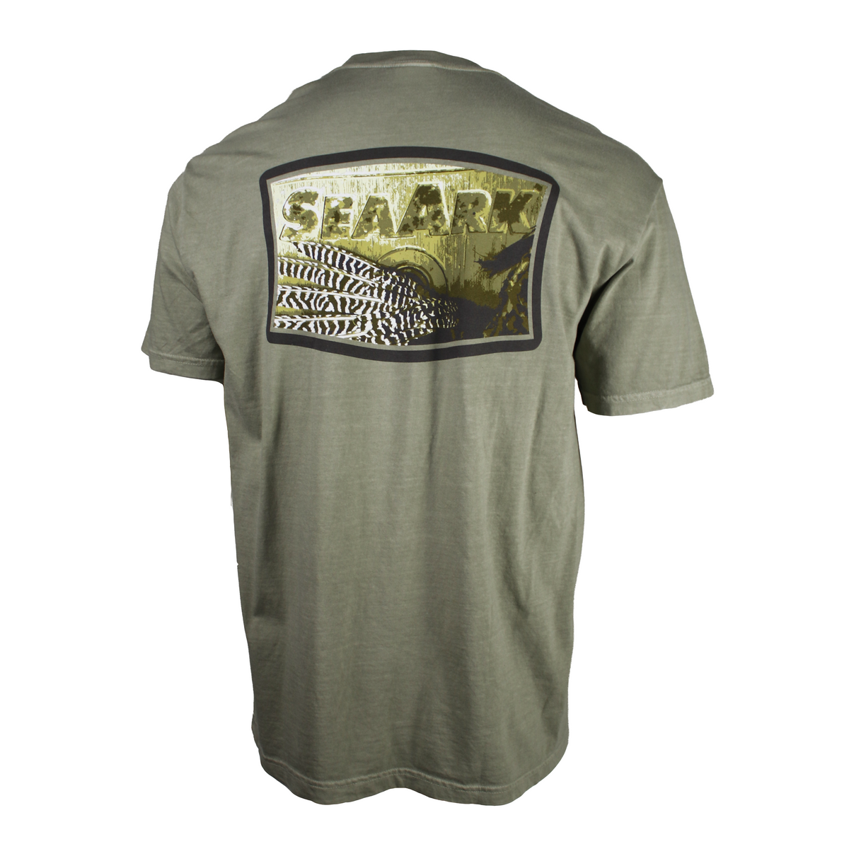 An olive green short-sleeve t-shirt shown from the back, featuring a large rectangular print with the brand name 'SEAARK' and a feathered graphic.