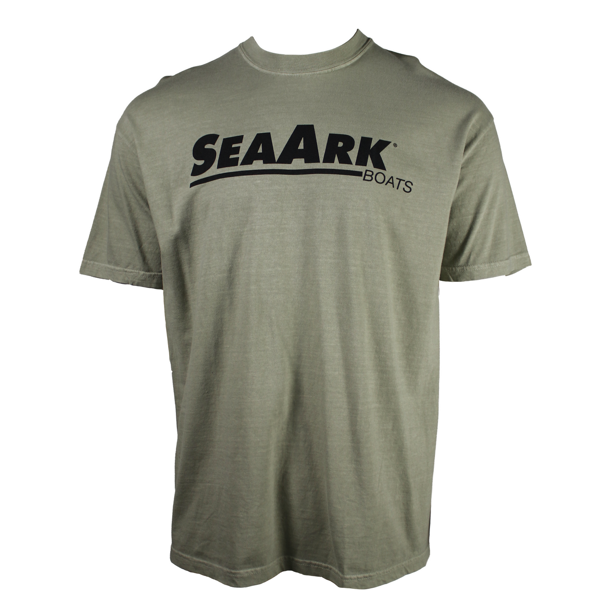 An olive green short-sleeve t-shirt with a black 'SEAARK BOATS' logo printed across the chest, displayed on a clean white background.