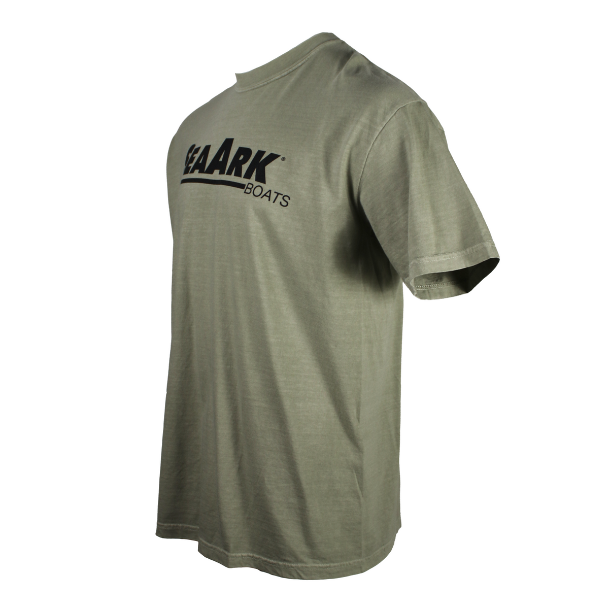 An olive green short-sleeve t-shirt shown from the side, featuring a dark logo on the chest.