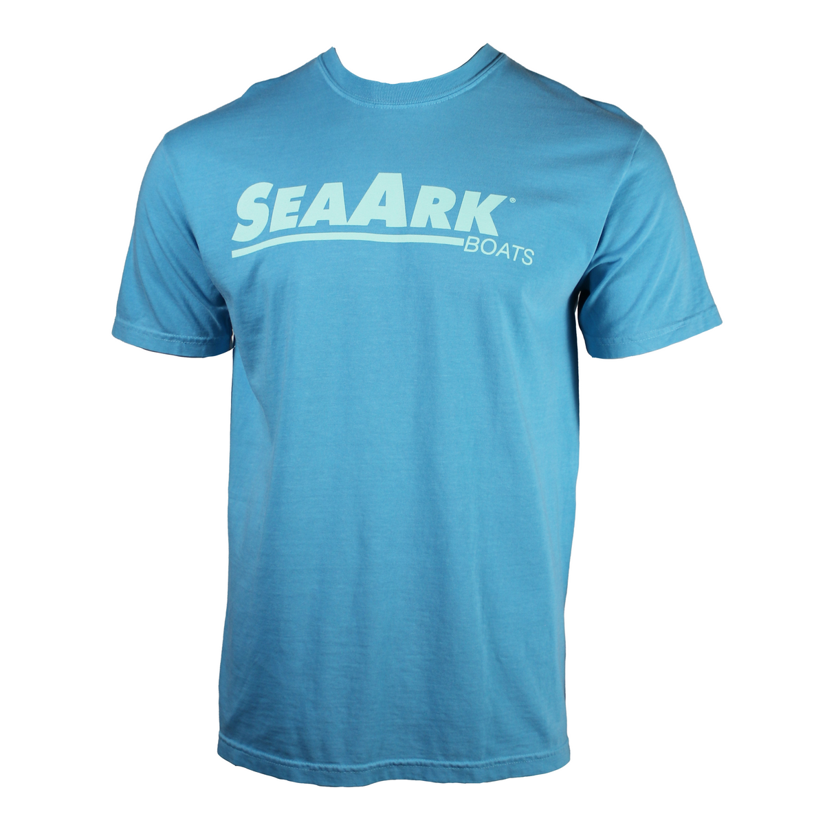 Front of cyan colored T-shirt with a light teal Sea Ark logo printed on the chest.