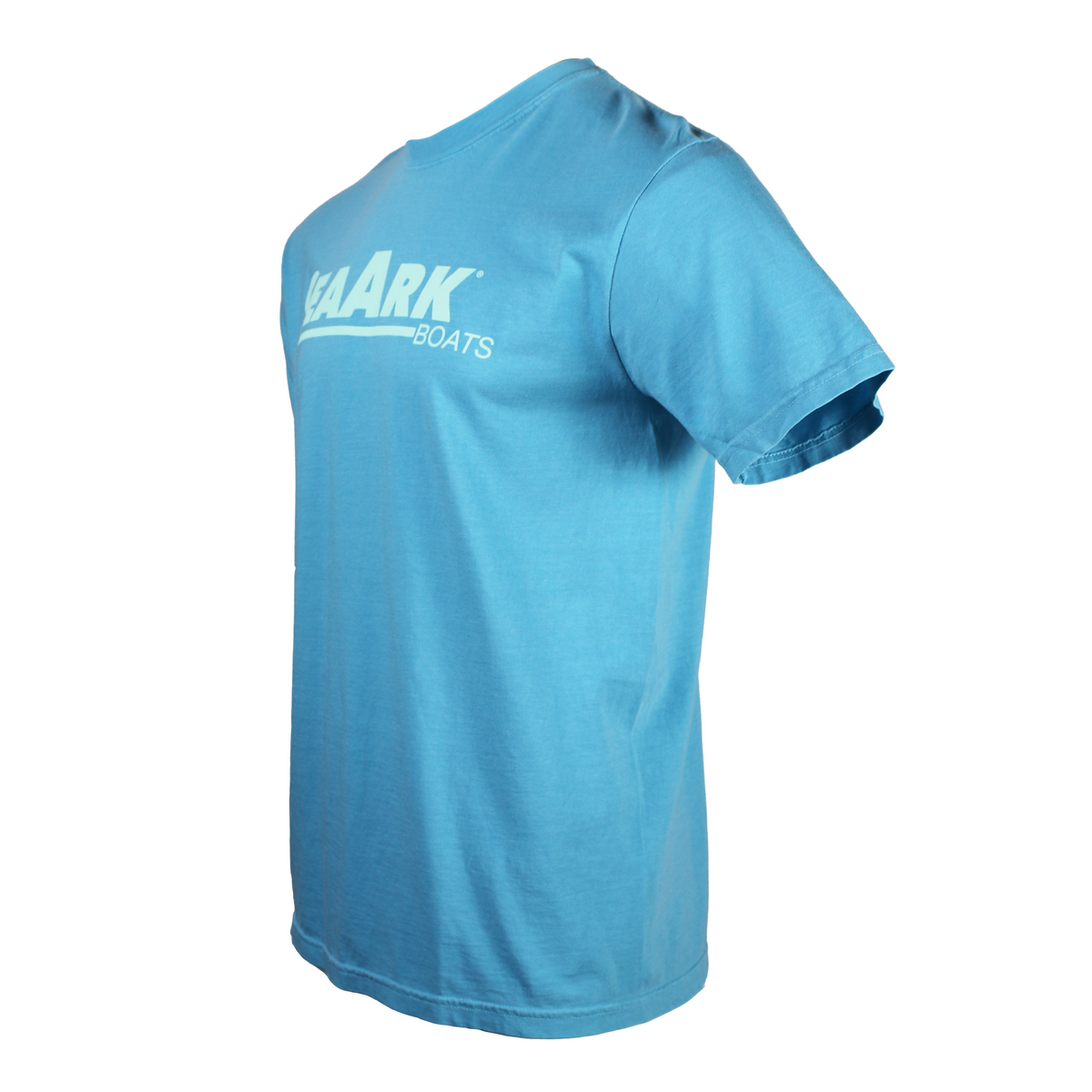 Side of cyan colored T-shirt with a light teal Sea Ark logo printed on the chest.