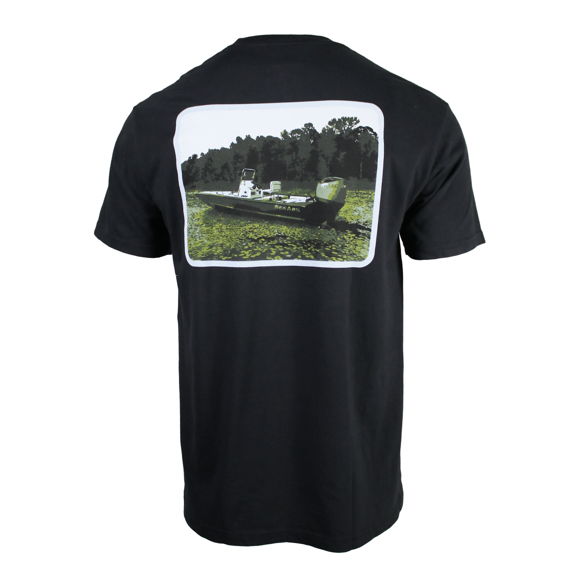 Back of a black t-shirt with a rectangular graphic on the back of a boat on water full of greenery.