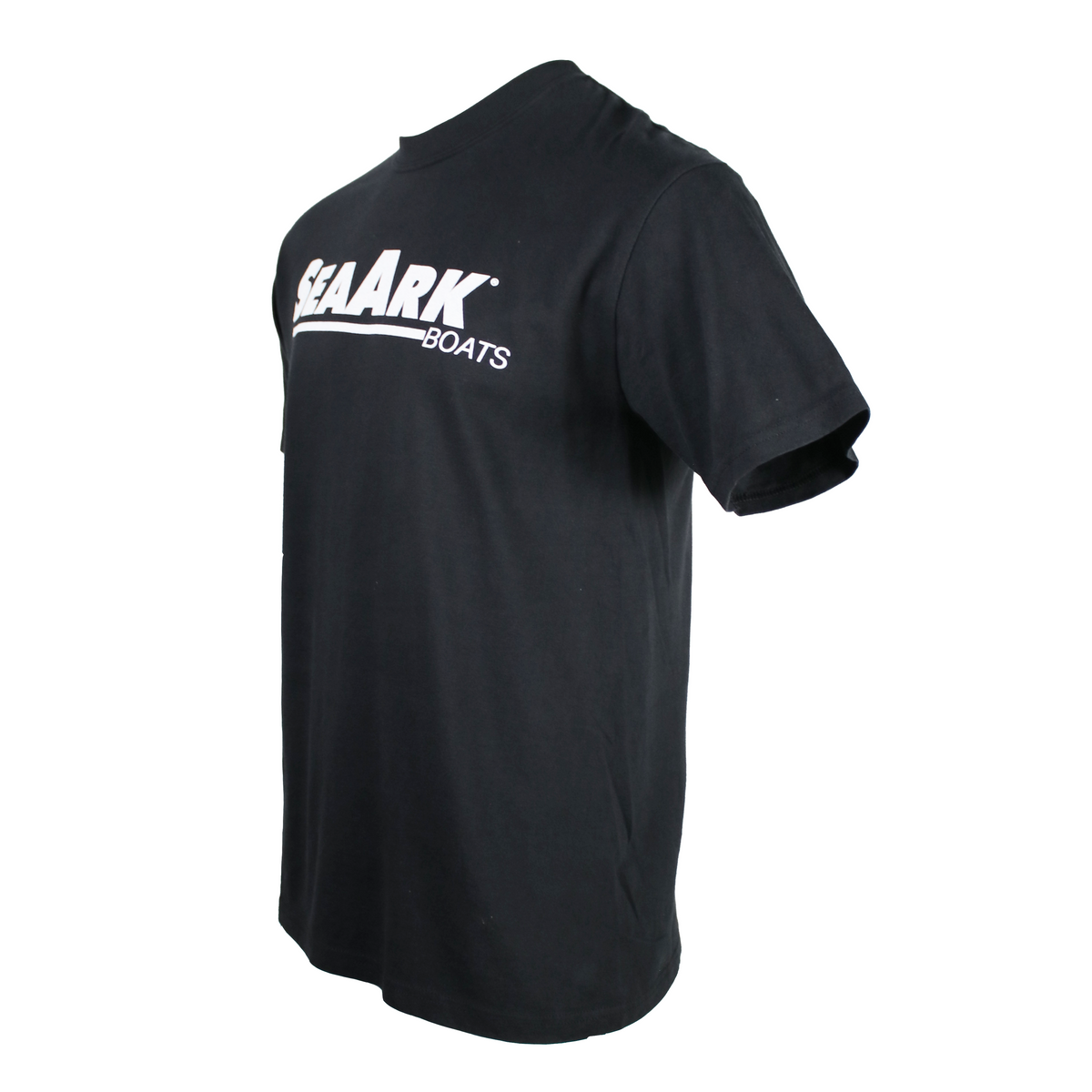 Side of a black tee with a white logo across the chest.