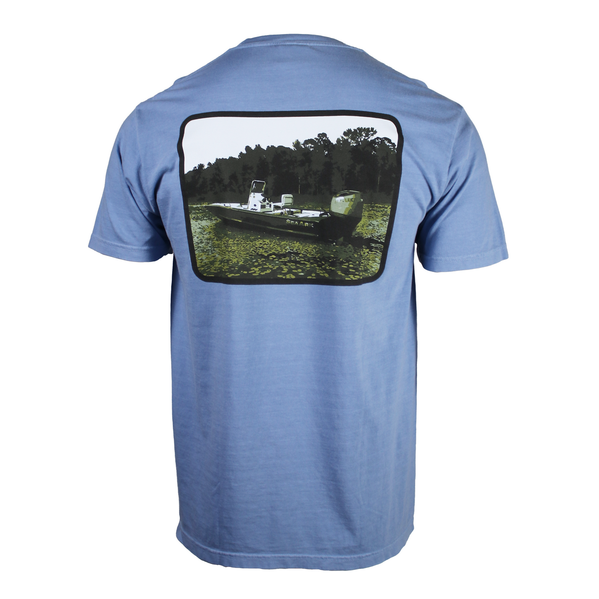 Back of a light blue t-shirt with a rectangular graphic on the back of a boat on water full of greenery.