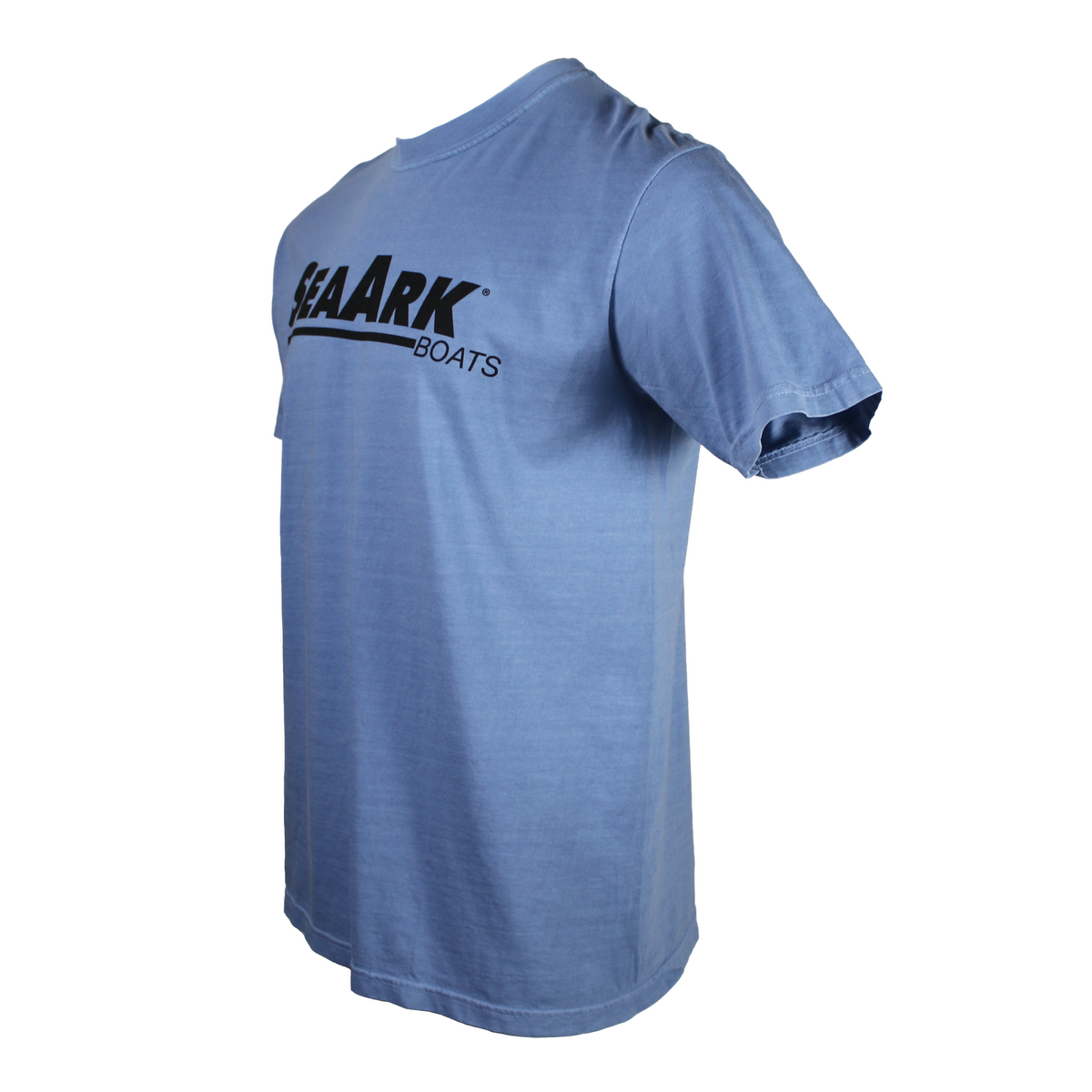 Side of a blue tee with a black logo across the chest.