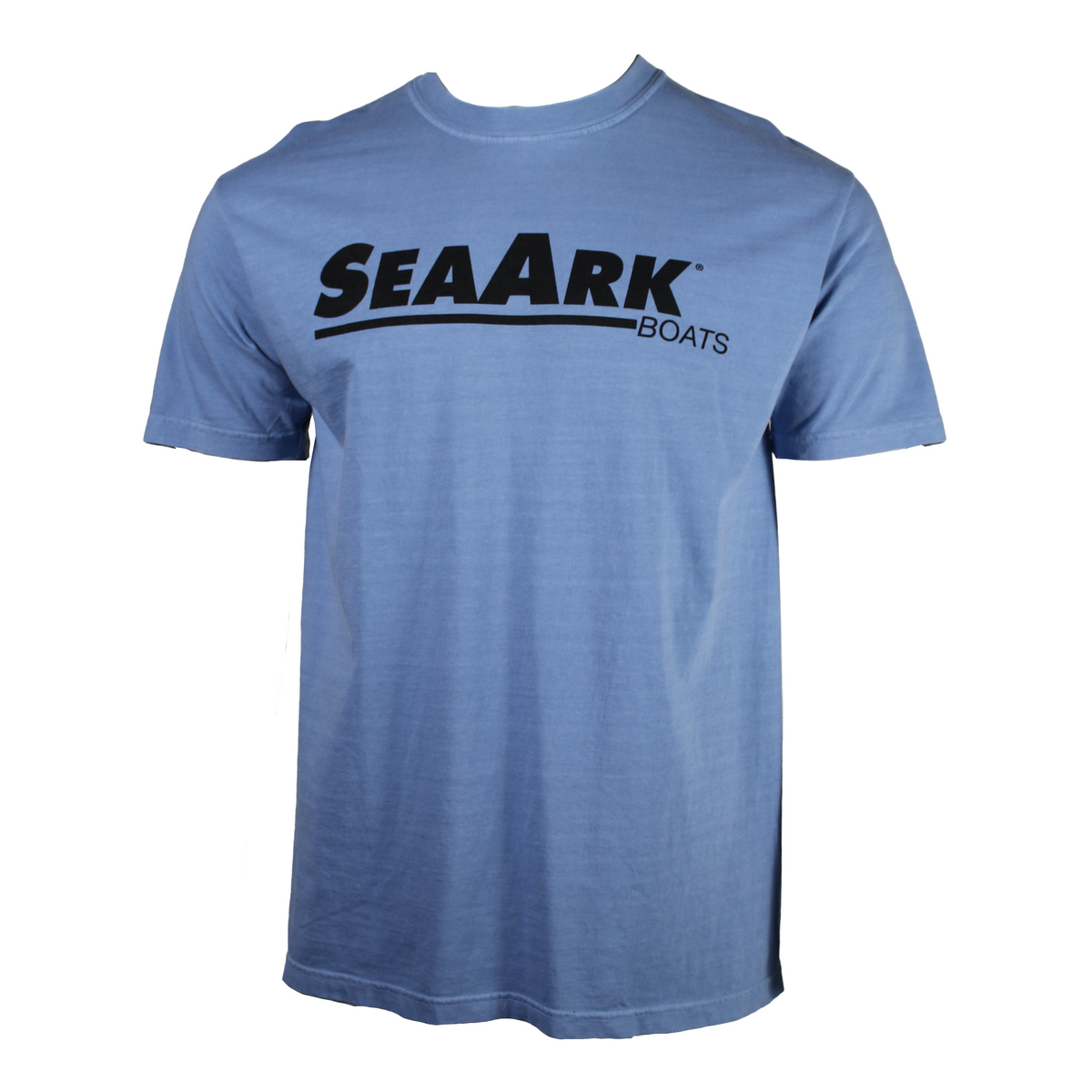Front of a blue tee with a black 'SEA ARK' logo across the chest.
