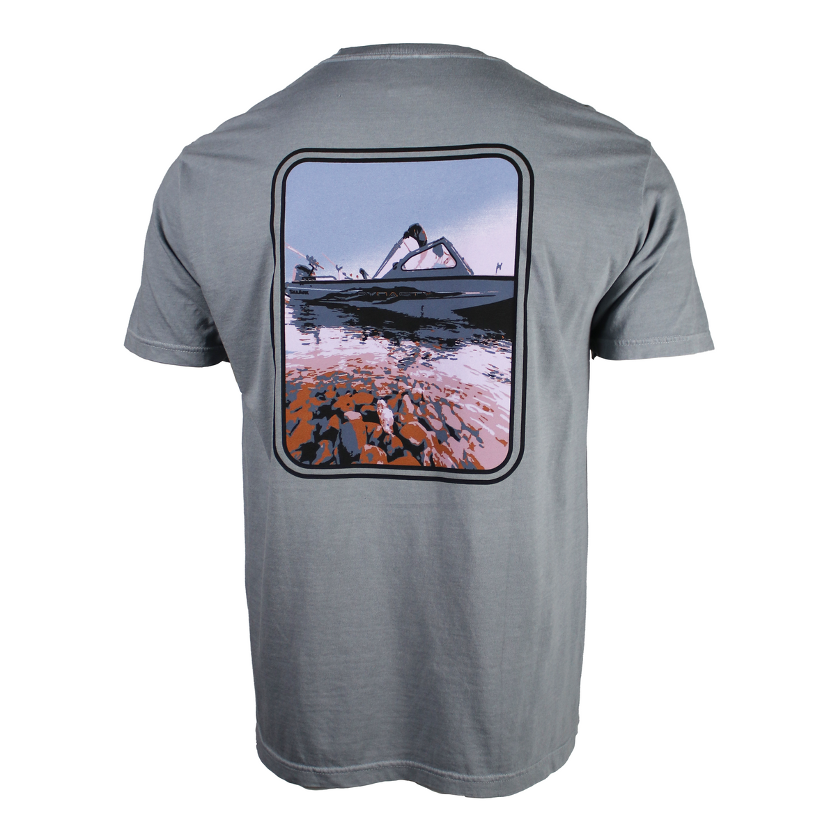 Back of a grey tee with a rectangular graphic of a boat on clear water and gravel.