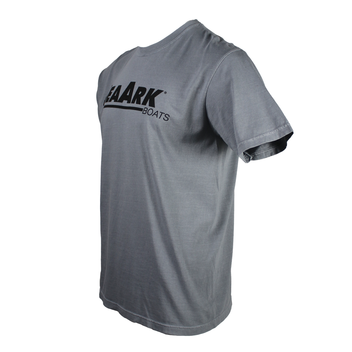 Side of a grey tee with a large black logo on the chest.