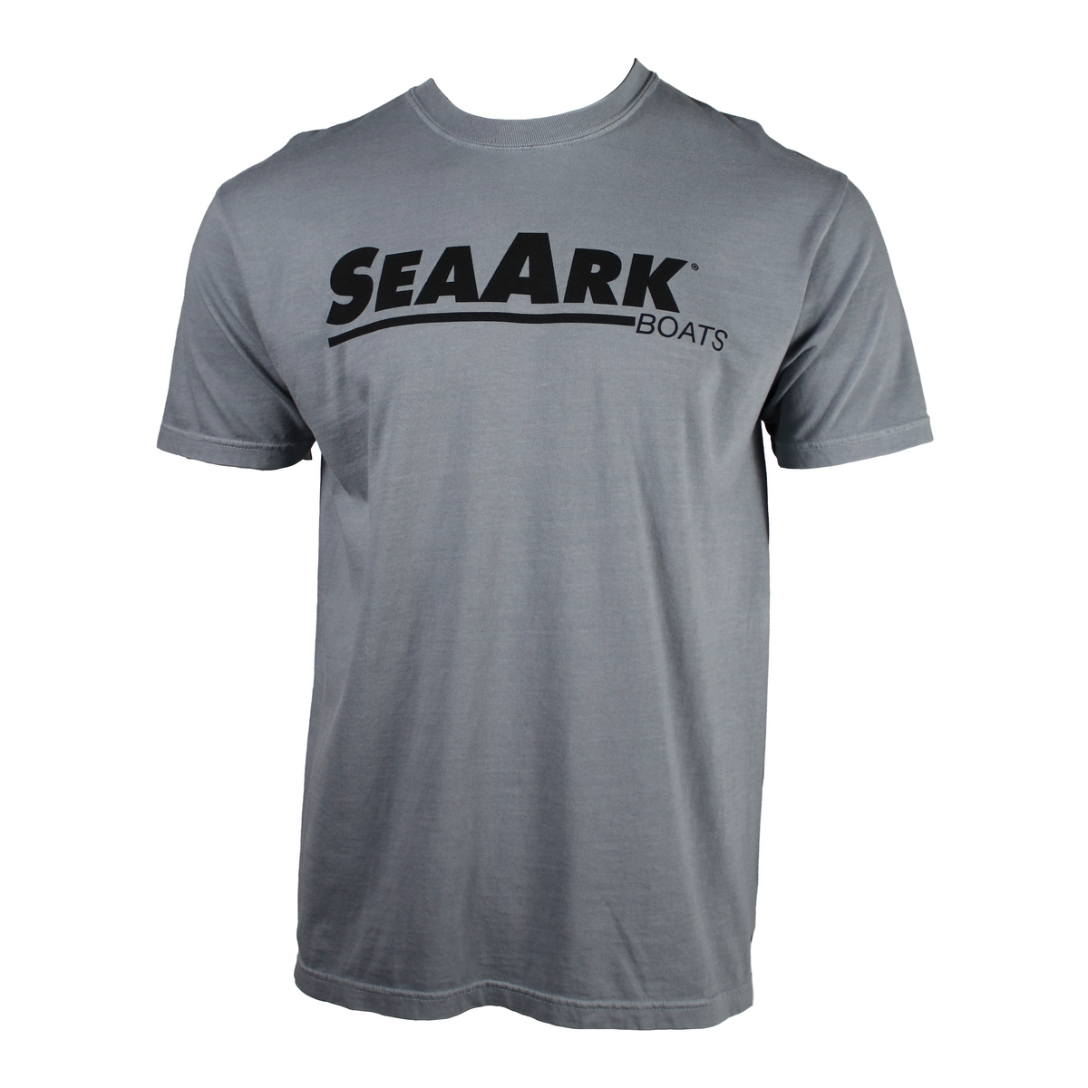 Front of a gery tee with a large black 'SEA ARK' logo on the chest.