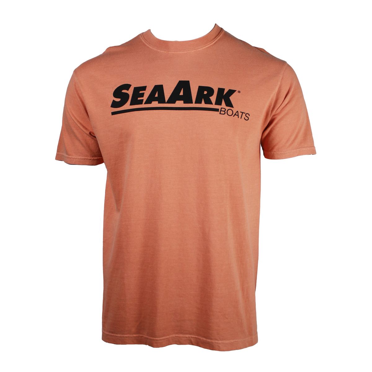 Front of a pale orange tee with a large black 'SEA ARK' logo on the chest.