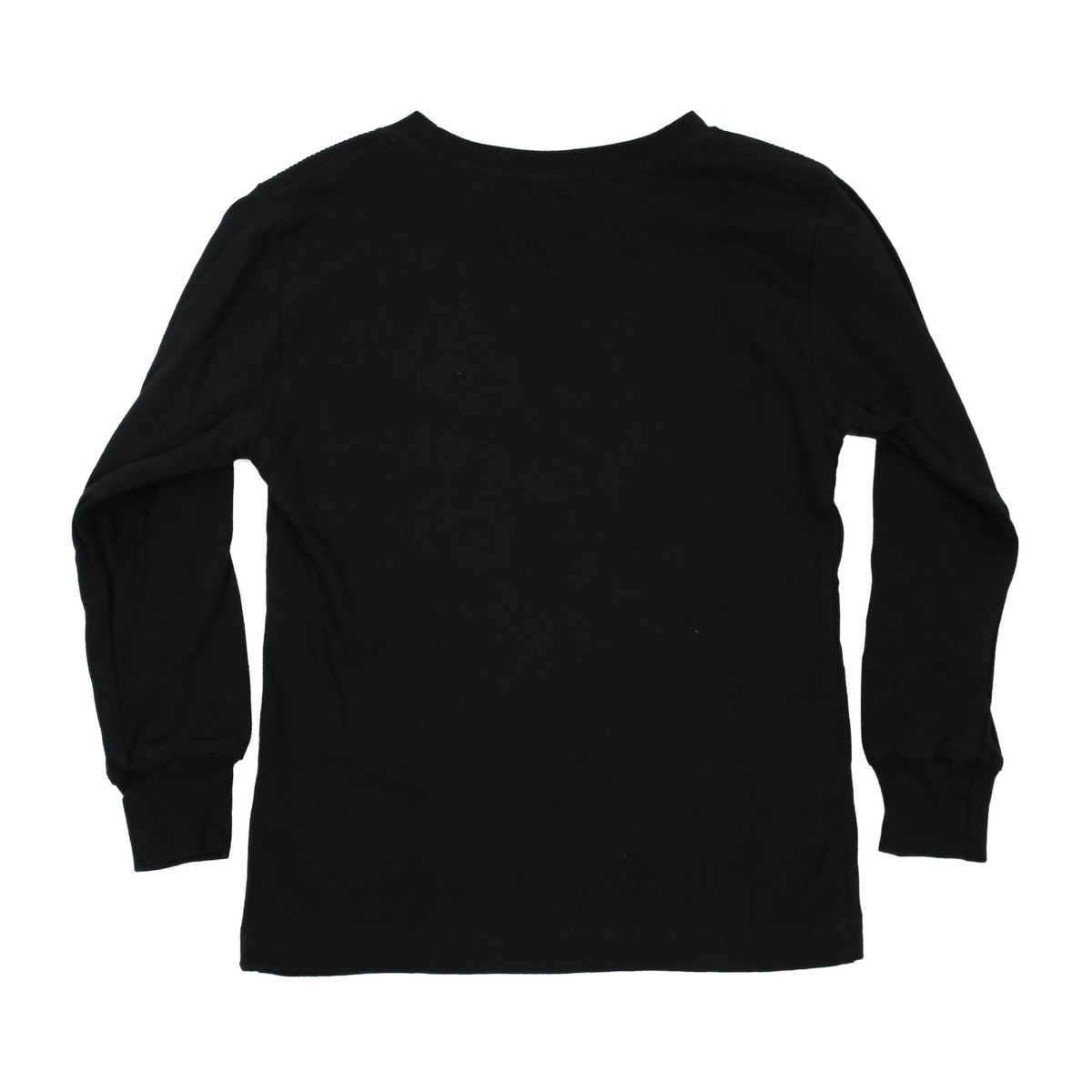 Back of a black long-sleeve crewneck shirt shown flat against a plain white background.