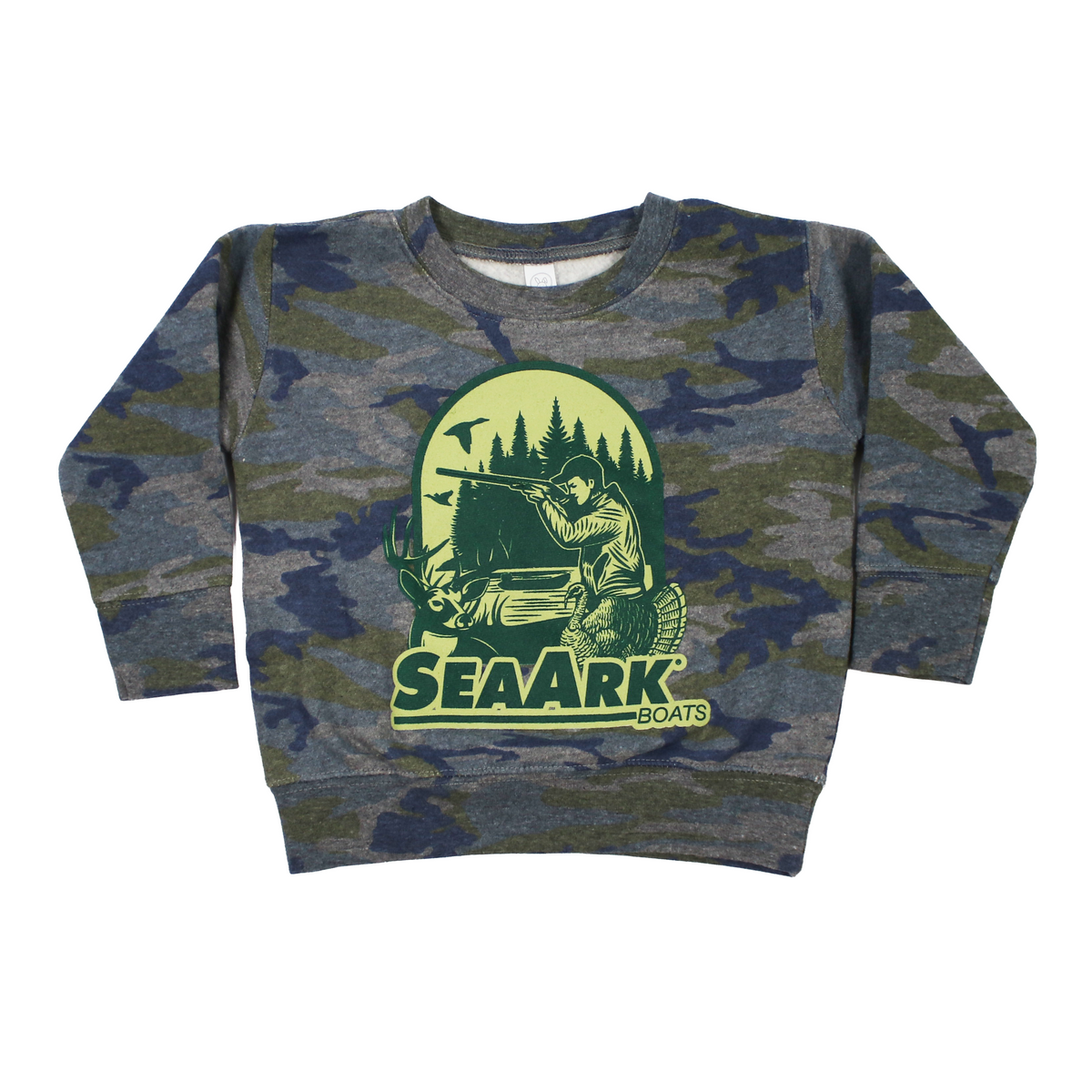 A kids' long-sleeve crewneck sweatshirt featuring a dark green and gray camouflage pattern, with a large green front graphic of a man with a rifle in front of pine trees and the text 'SEAARK BOATS'.