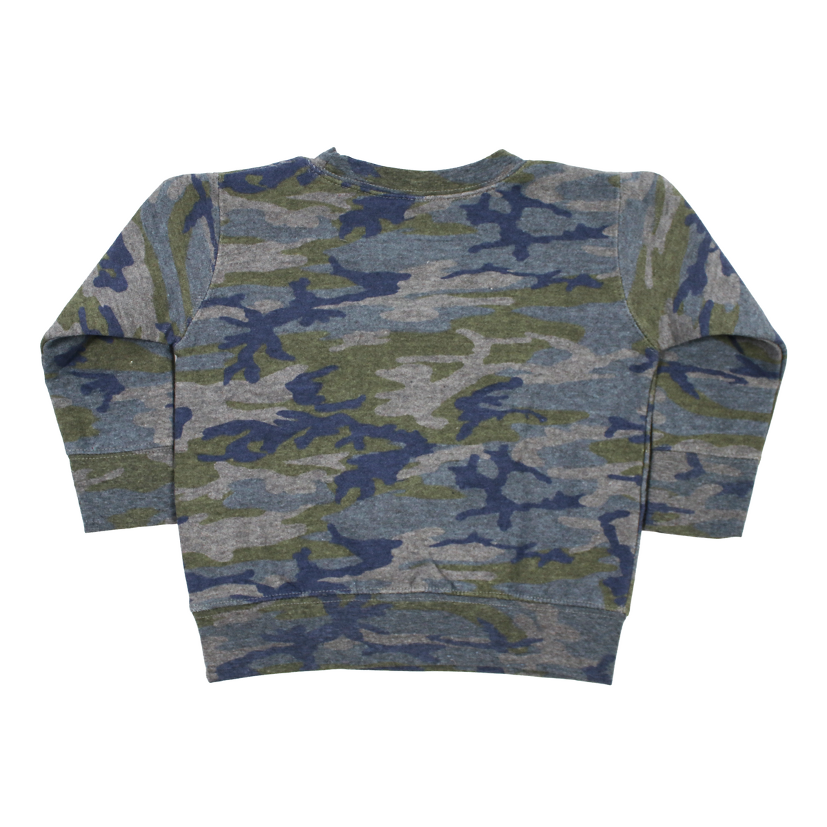 Backside of a long-sleeve crewneck sweatshirt with a camouflage pattern in shades of blue, olive green, and gray.