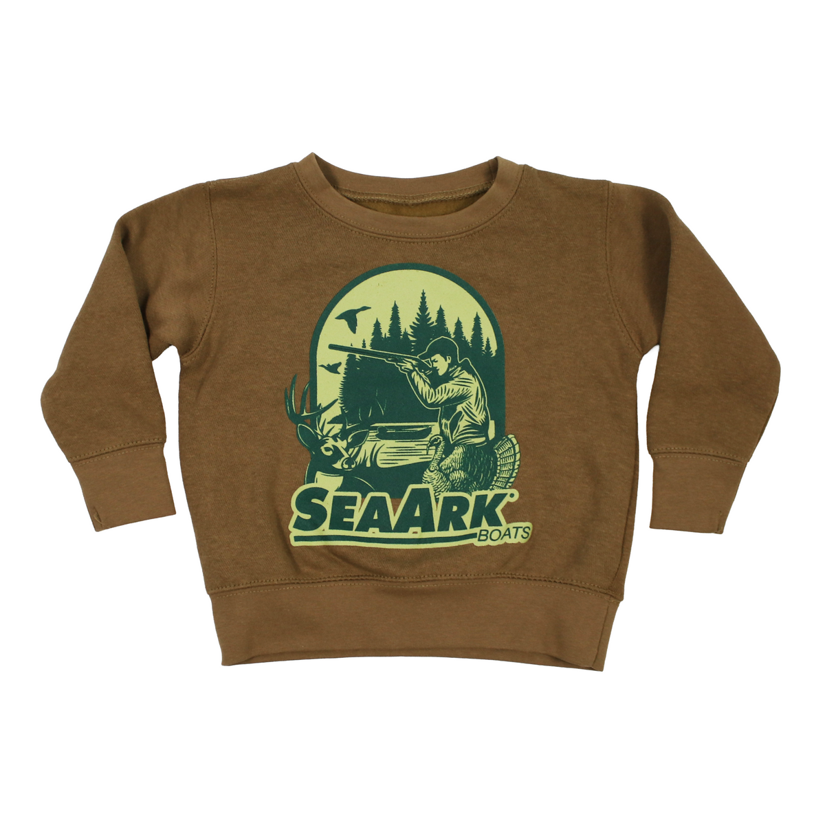 A kids' long-sleeve crewneck sweatshirt in brown, with a large green front graphic of a man with a rifle in front of pine trees and the text 'SEAARK BOATS'.