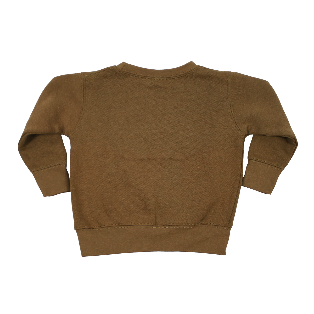 A brown long-sleeve crewneck sweatshirt shown from the back, laid flat against a solid white background.