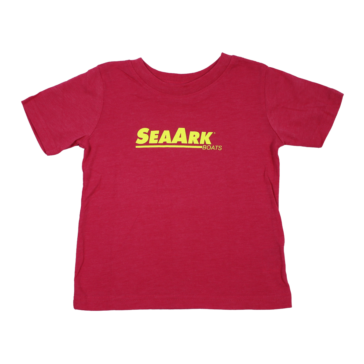 A hot pink short-sleeve crewneck t-shirt with a yellow 'SeaArk' logo printed across the chest, displayed flat against a solid white background.