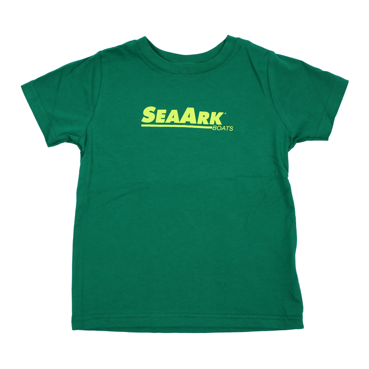 A green short-sleeve crewneck t-shirt with a bright yellow-green 'SEAARK BOATS' logo printed across the chest, displayed flat against a white background.