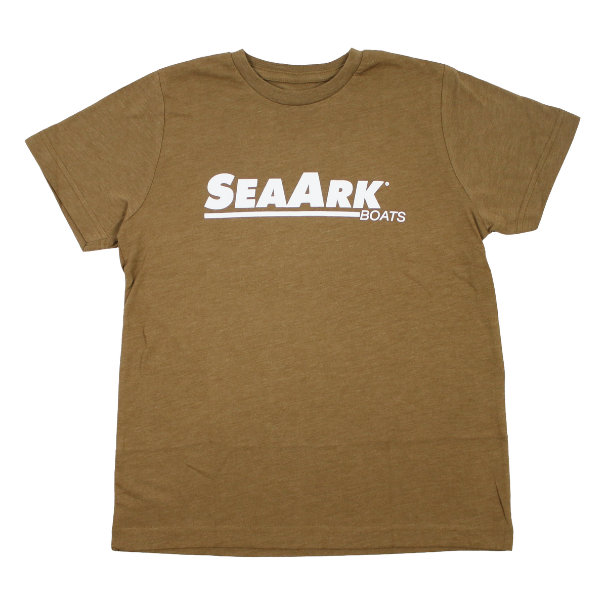 A heathered brown short-sleeve crewneck t-shirt featuring the 'SEAARK BOATS' logo printed in white across the chest, displayed flat against a solid white background.