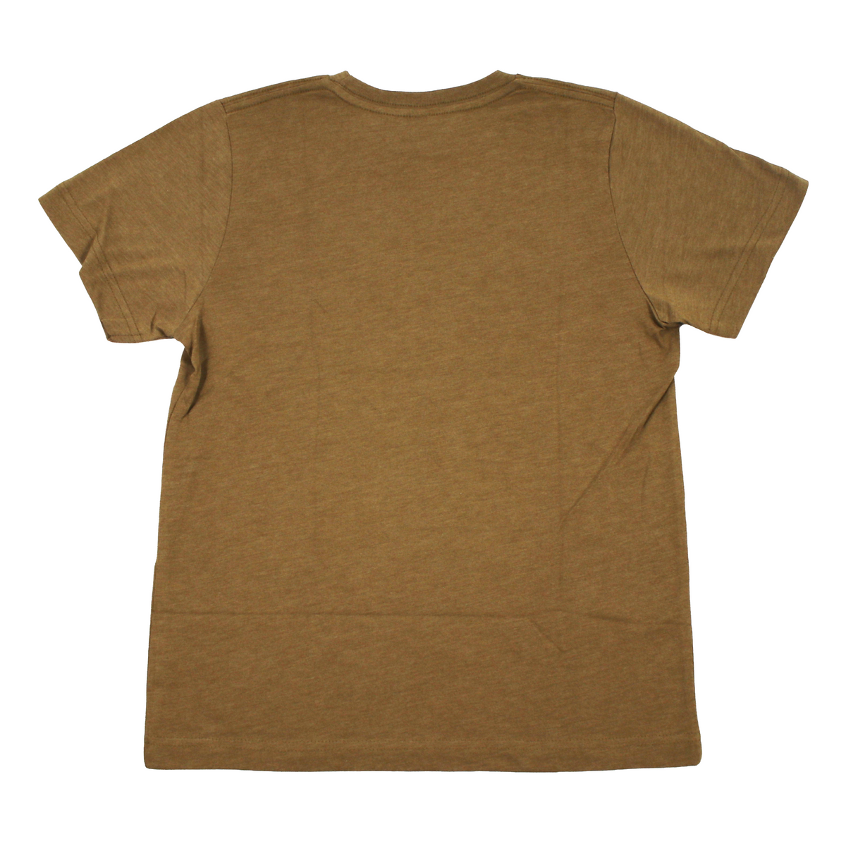 Back of a plain short-sleeve crewneck t-shirt shown from the back, laid flat against a solid white background.