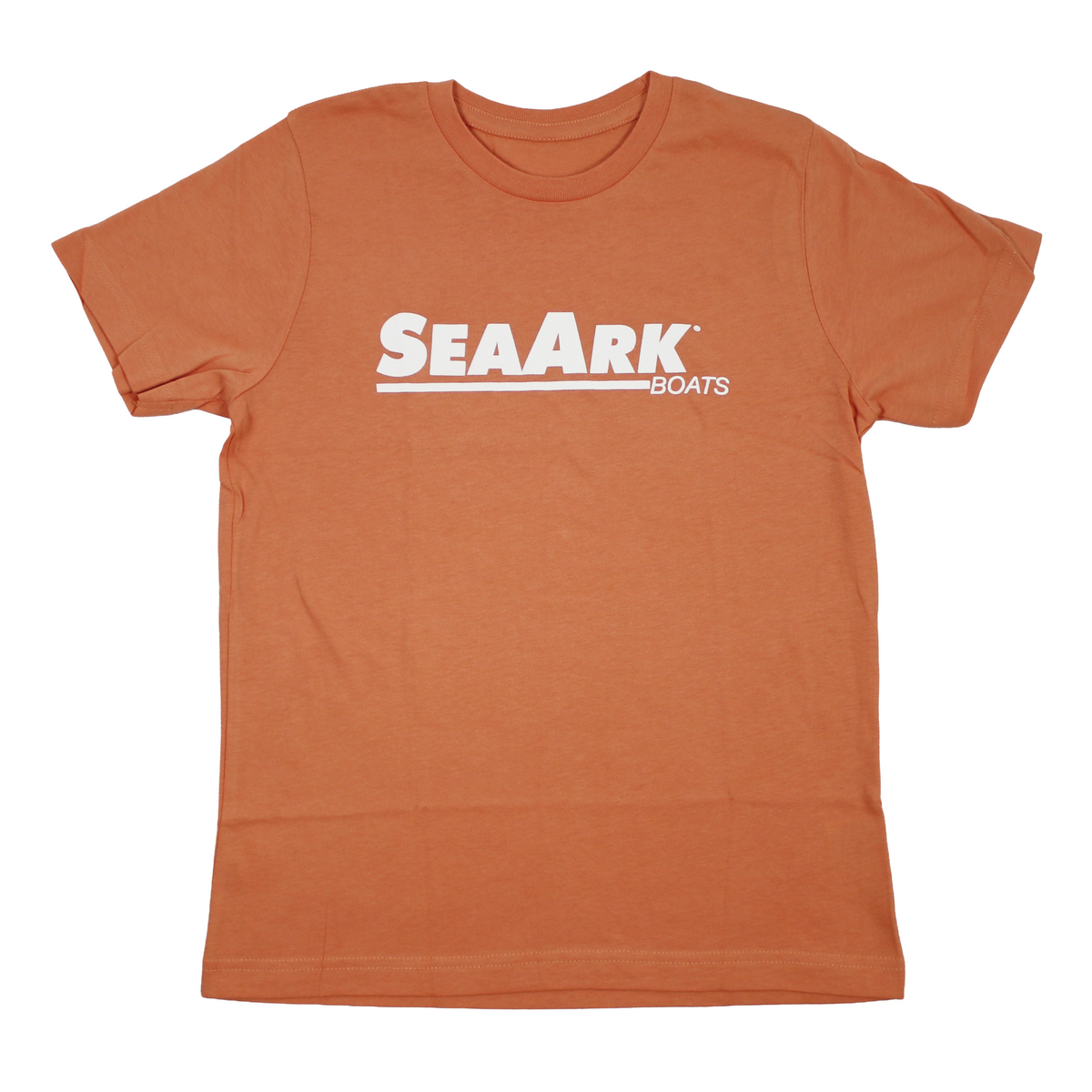 A heathered peach colored short-sleeve crewneck t-shirt featuring the 'SEAARK BOATS' logo printed in white across the chest, displayed flat against a solid white background.