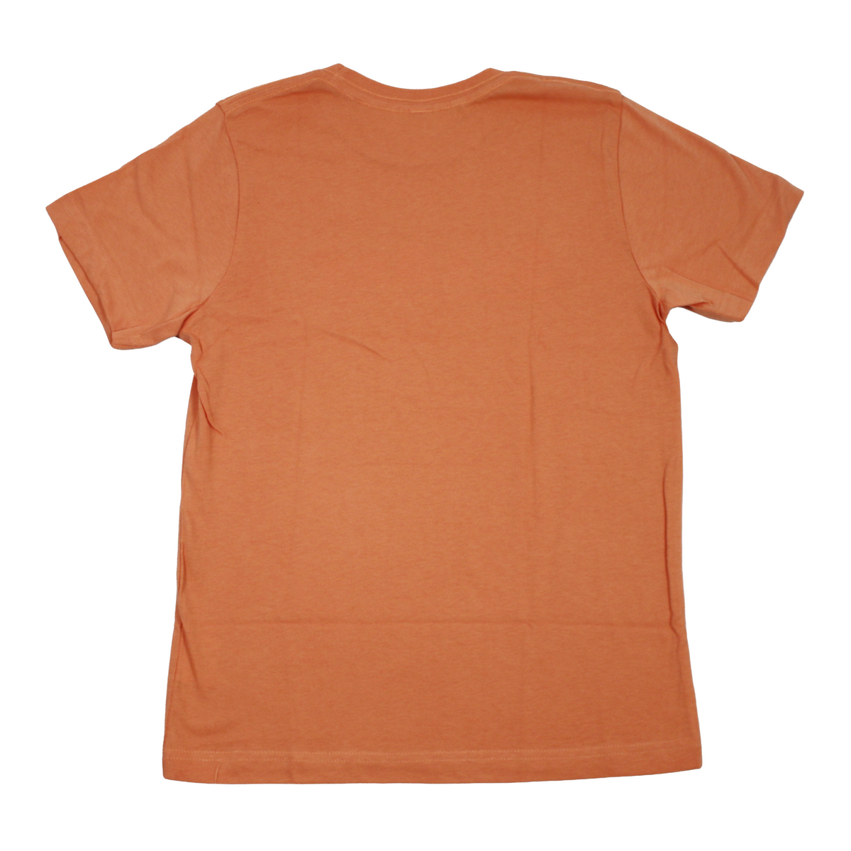 A plain short-sleeve crewneck t-shirt in a solid orange color, shown from the back on a clean white background.