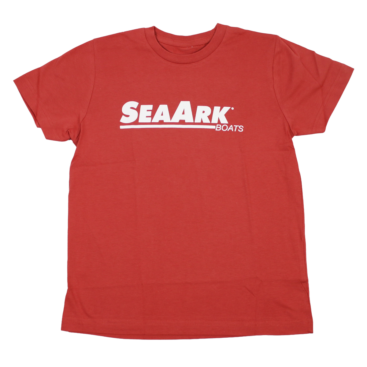 A heathered red short-sleeve crewneck t-shirt featuring the 'SEAARK BOATS' logo printed in white across the chest, displayed flat against a solid white background.