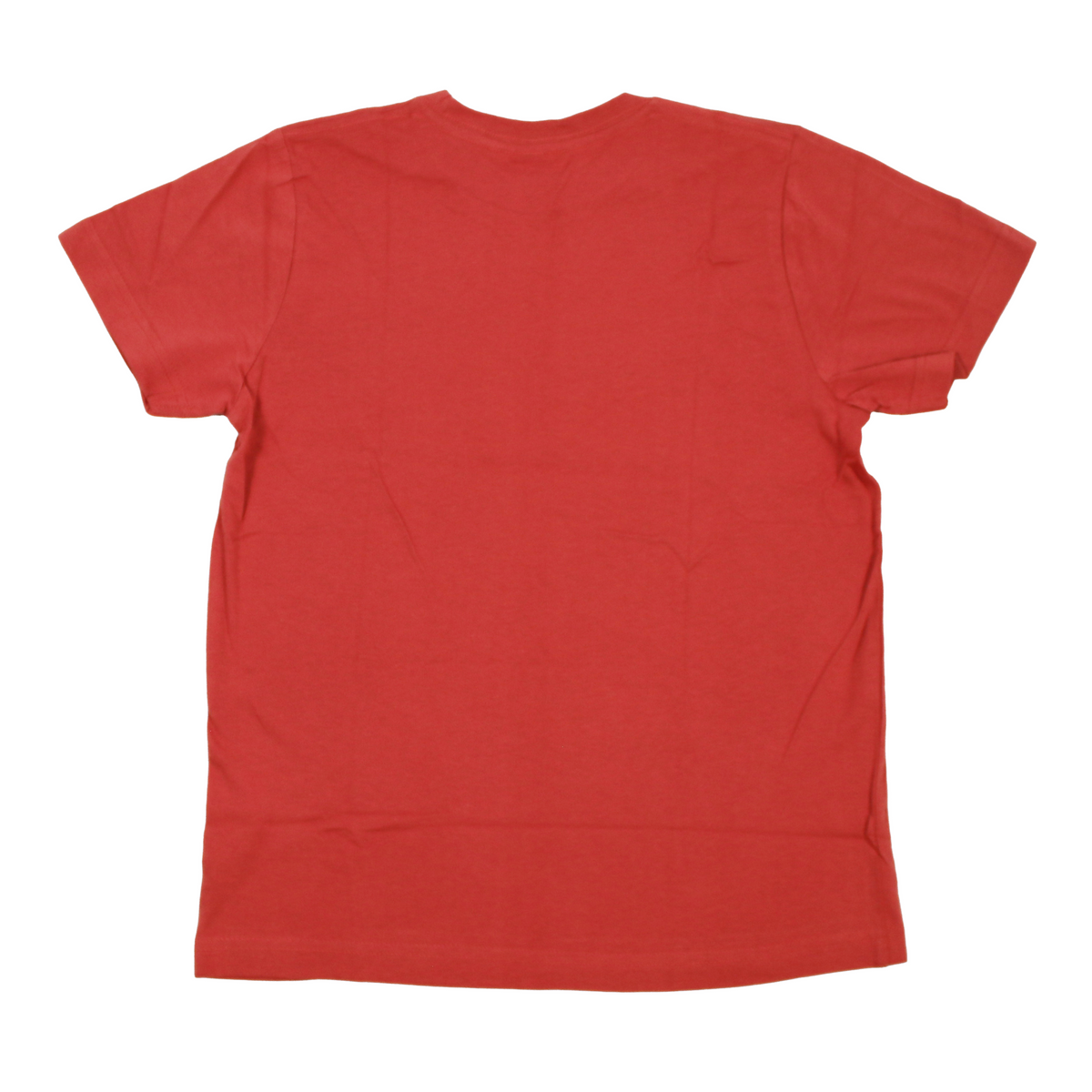 Back of a red short-sleeve crewneck t-shirt shown from the back, laid flat against a solid white background.