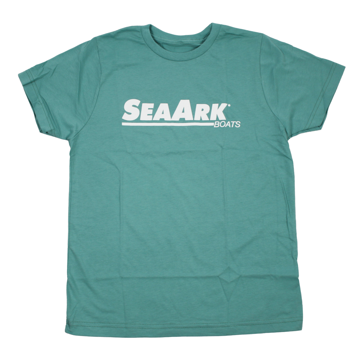 A heathered teal short-sleeve crewneck t-shirt featuring the 'SEAARK BOATS' logo printed in white across the chest, displayed flat against a solid white background.