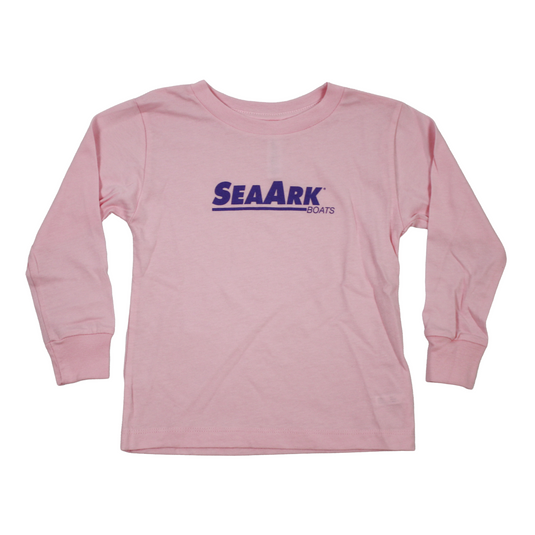 A light pink long-sleeve t-shirt with 'SEAARK BOATS' printed in dark purple across the chest, displayed flat against a white background.