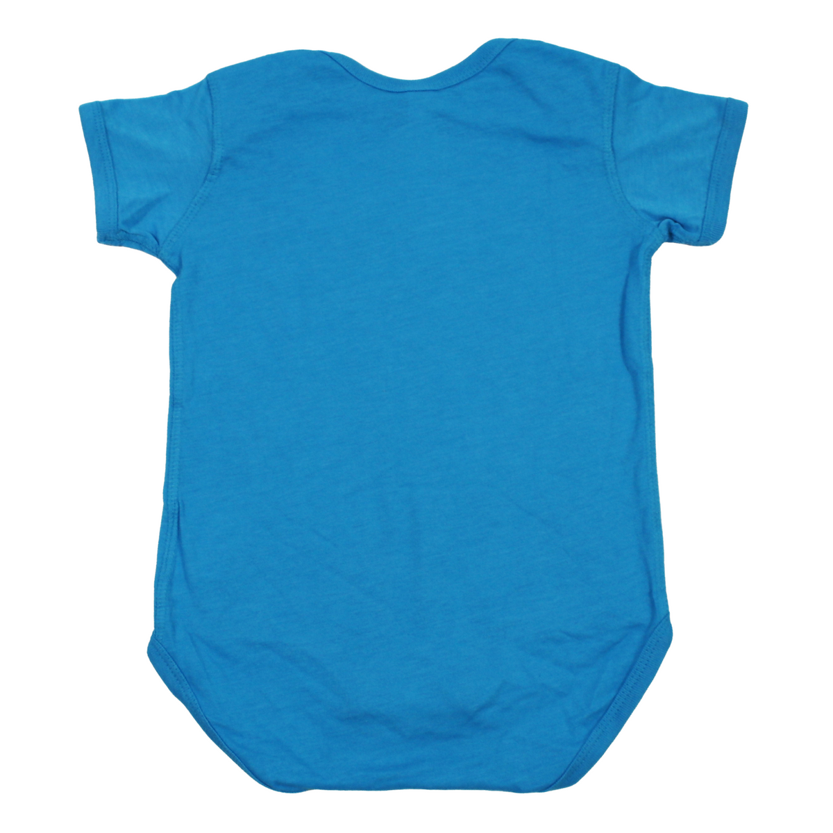 Back of a bright blue short-sleeve baby bodysuit shown flat against a solid white background.