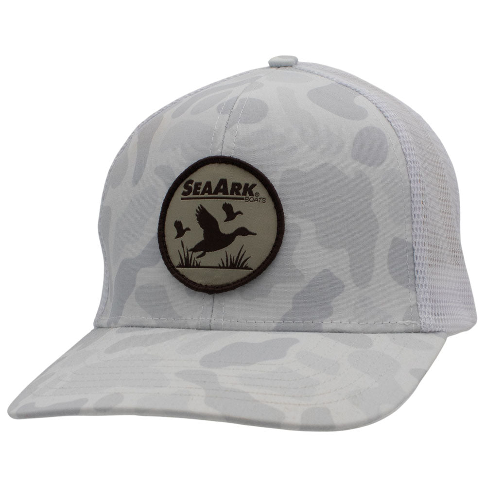 A SeaArk white camouflage trucker hat with a curved brim, white mesh back, and a circular front patch featuring duck silhouettes.
